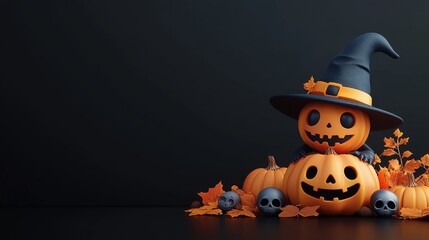 Cute Halloween Characters with Pumpkins and Spooky Autumn Decorations