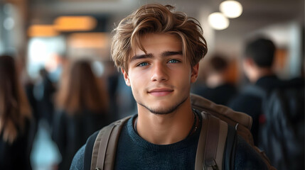 Fototapeta premium Handsome Young Man with Blue Eyes and Wavy Hair