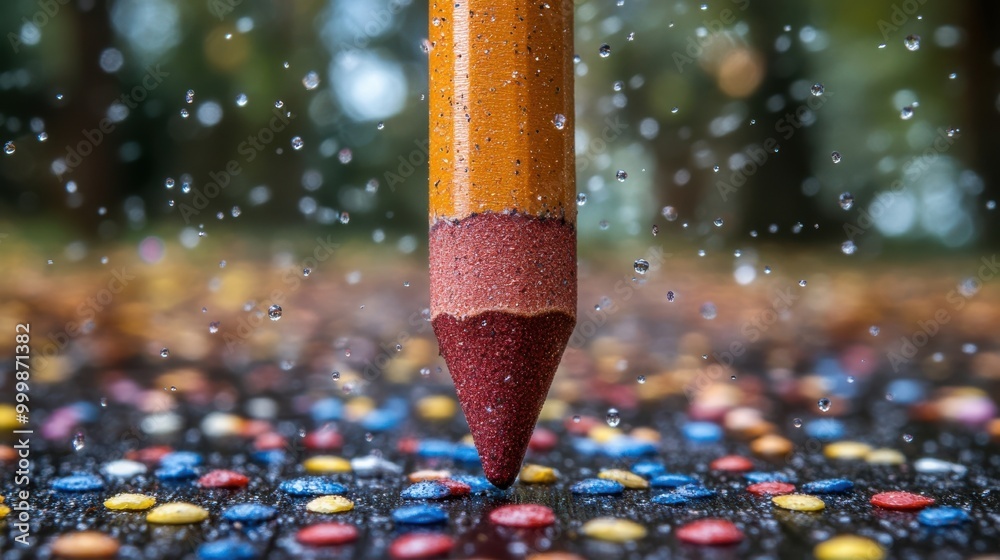 Poster A close-up shot of a pencil tip with a red eraser poised above a field of colorful pebbles, with raindrops falling around it.