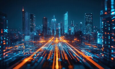 Obraz premium Futuristic Cityscape with Digital Light Trails at Night