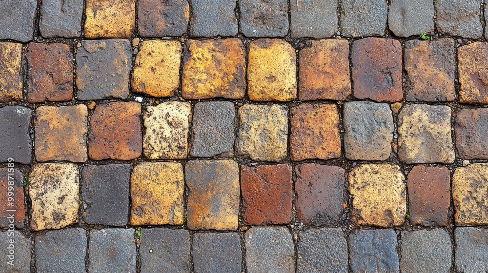 Poster a close-up view of a cobblestone pathway with a checkered pattern of various shades of brown, yellow