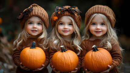 Adorable Triplets with Pumpkins in Fall