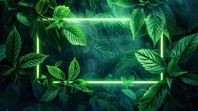 A vibrant display of green foliage illuminated by neon edges in a serene tropical setting