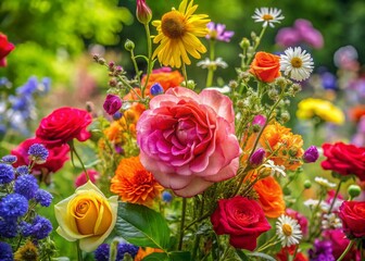 Beautifully arranged rose and wildflowers showcasing vibrant colors in a natural garden setting