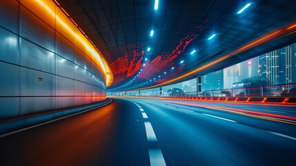 Highway overpass motion blur with city background 