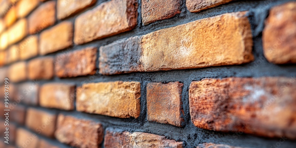 Fototapete A close-up view of a rustic brick wall with a subtle perspective shift, highlighting the intricate details of the bricks and mortar, capturing the essence of textured surfaces.