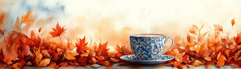 A closeup of a hot drink in a patterned cup, surrounded by a pile of golden leaves and vibrant autumn foliage