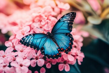 Naklejka premium Pink and blue color of beautiful butterfly, sitting on pink flower.generative ai