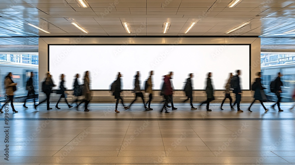 Aufkleber a large blank billboard at a subway station entrance with people entering and exiting and city build