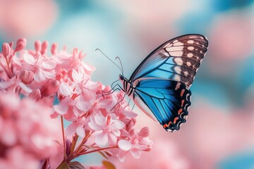 Obraz premium Pink and blue color of beautiful butterfly, sitting on pink flower.generative ai