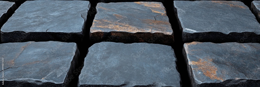 Aufkleber A textured and patterned surface of dark gray stones, some with subtle copper accents, arranged in a staggered pattern, creating a visually appealing contrast