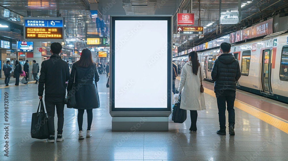 Poster a blank billboard in the ticket hall of a transportation hub with passengers carrying bags and a tra