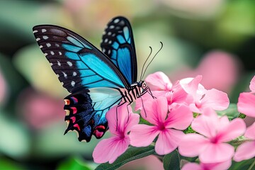 Fototapeta premium Pink and blue color of beautiful butterfly, sitting on pink flower.generative ai
