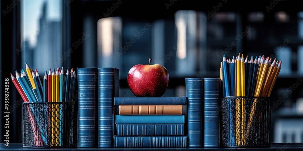 Poster a red apple rests atop a stack of colorful, blue, and brown hardcover books, framed by two container