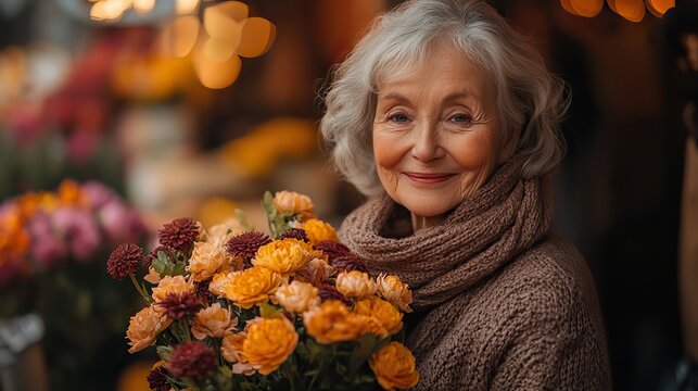 beautiful senior birthday woman receiving flowers from grandson