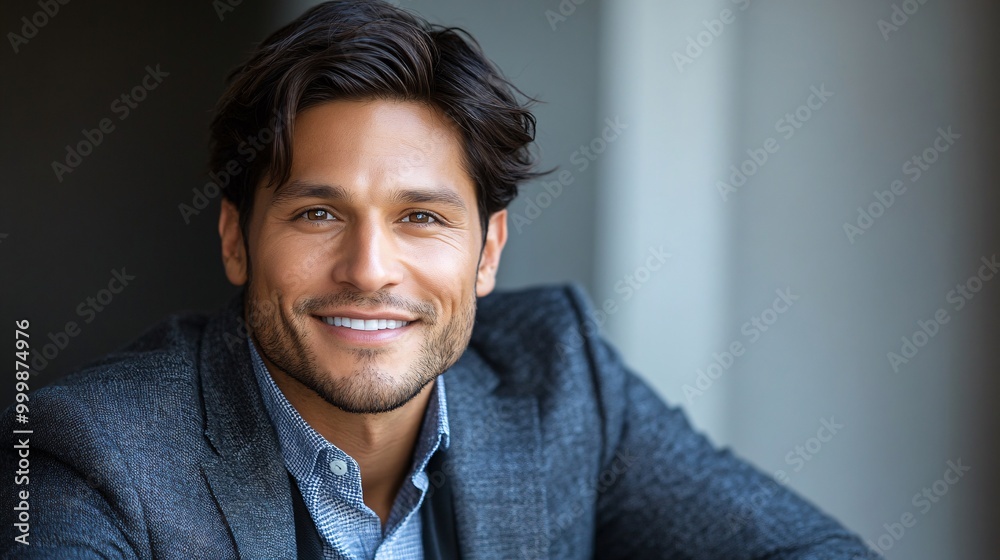 Poster A professional male model in business attire pointing confidently to the side with a friendly smile and an open posture isolated on a white background Large space for text in center Stock Photo with