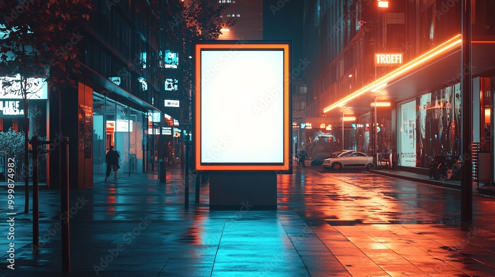 Poster a blank billboard positioned in the cinema entrance hallway surrounded by moviegoers in a dimly lit 
