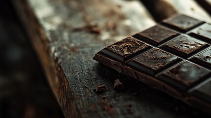 Obraz premium A close-up of a chocolate bar resting on a rustic wooden surface, showcasing texture and a rich, dark appearance.