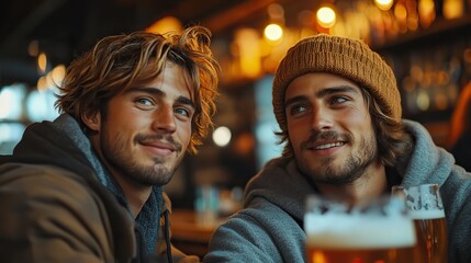 Obraz premium best friends togehter drinking beer and talking in bar in city concept of male friendship bromance