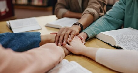 Prayer, bible study and support with hands of people and books for religion, gratitude and worship. Hope, knowledge and spiritual growth with group and scripture for guidance, community and faith