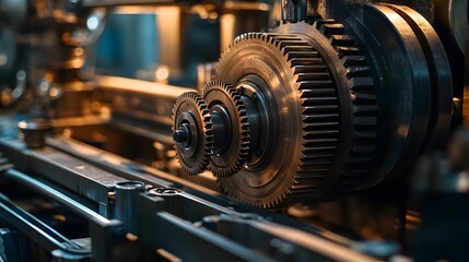 Fototapeta premium A machine with gears and a yellow light. The machine is in a factory. The machine is made of metal