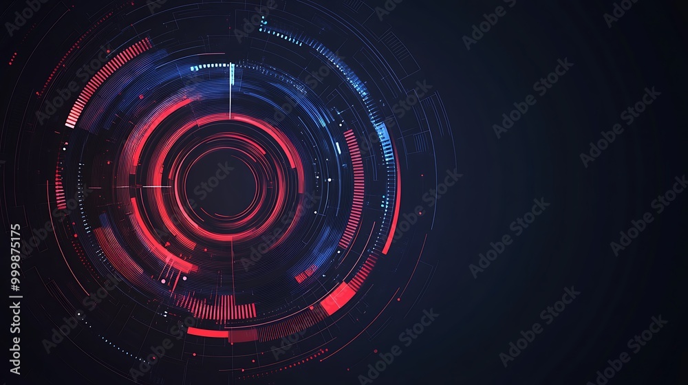 Poster Abstract digital HUD interface with red and blue glowing circular elements on a dark background.
