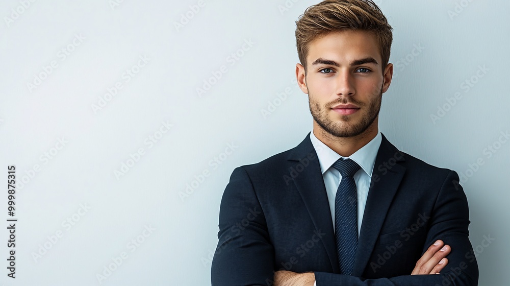 Poster A businessman with his arms crossed confidently displaying authority and strength while maintaining eye contact with a serious expression isolated on a white background Large space for text in center