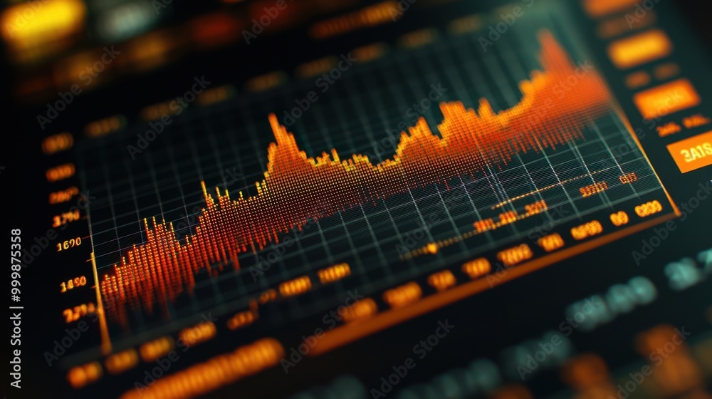 Aufkleber A close-up view of a digital display showcasing a dynamic line graph with a bright orange hue, emphasizing fluctuations and trends within a data visualization.