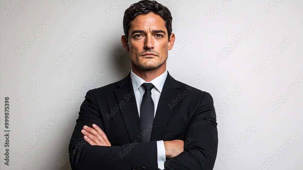 Poster A businessman with his arms crossed confidently displaying authority and strength while maintaining eye contact with a serious expression isolated on a white background Large space for text in center