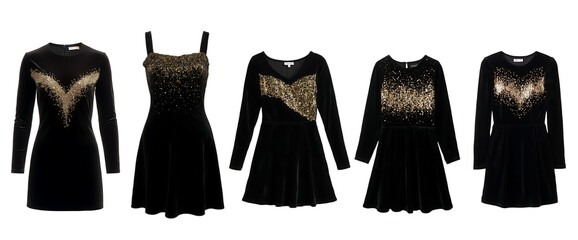 Elegant Black Velvet Dresses With Gold Sequin Accents isolated white background