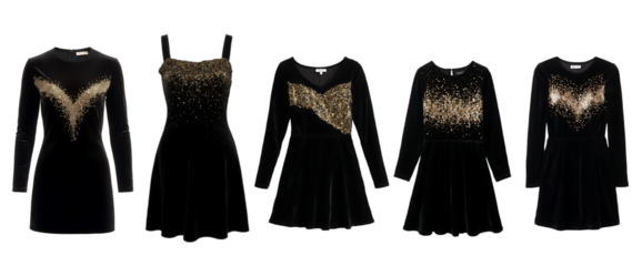 Elegant Black Velvet Dresses With Gold Sequin Accents isolated white background