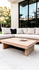 Modern outdoor seating area with a light wooden coffee table and plush cushions at sunset