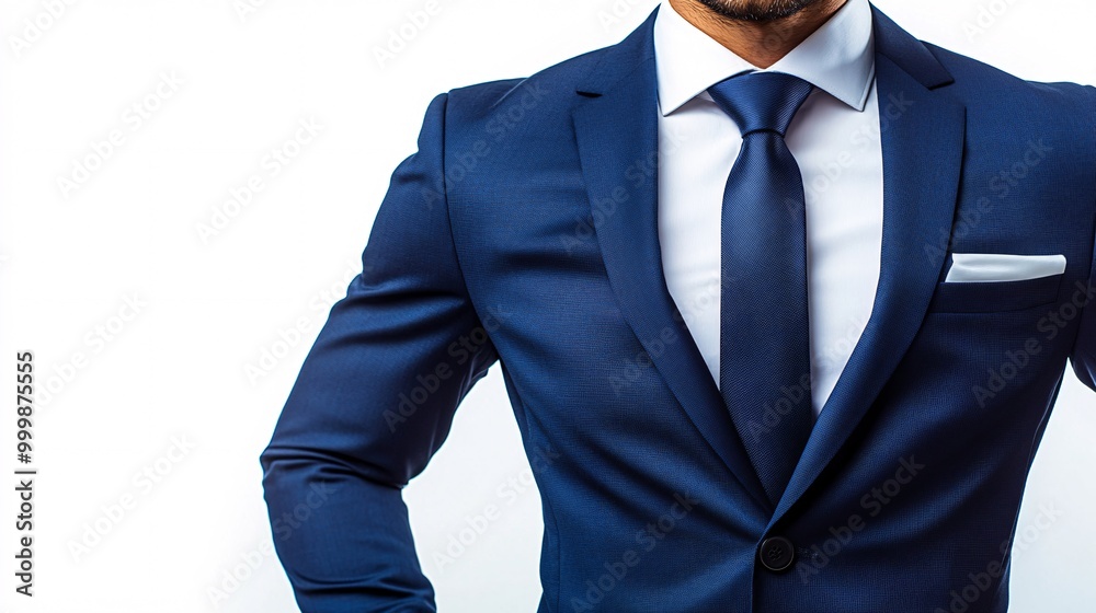 Poster a male model in a suit standing with hands on hips showing confidence and readiness isolated on a wh