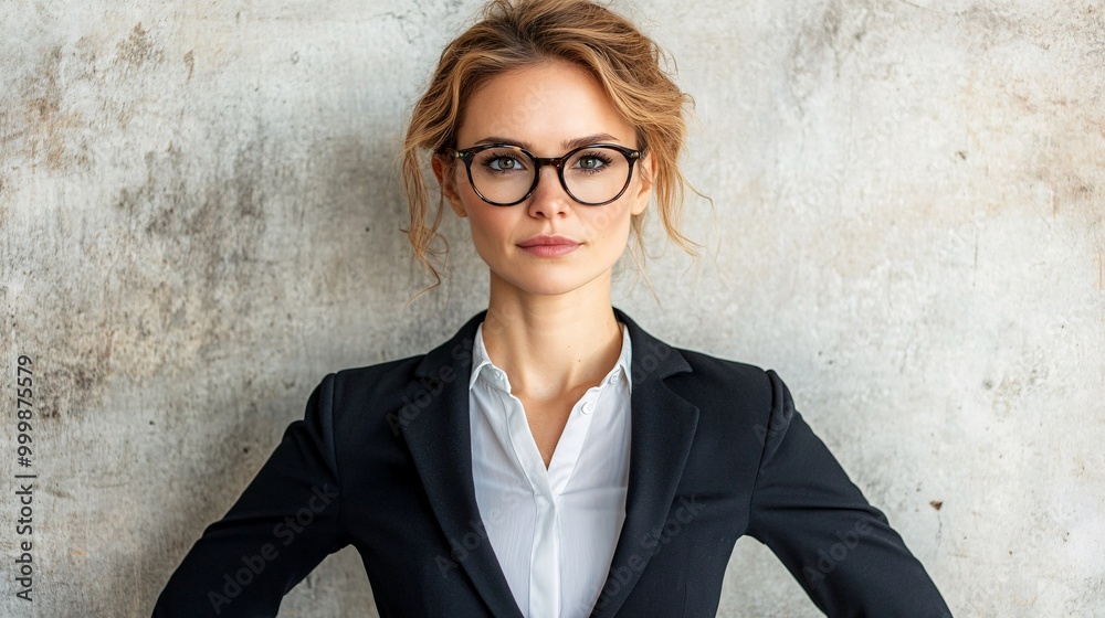 Poster A female professional in business attire standing with hands on hips and a strong stance reflecting assertiveness isolated on a white background Large space for text in center Stock Photo with copy
