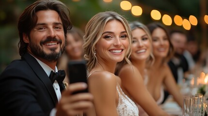 Obraz premium bride groom and guests with smartphones taking selfie outside at wedding reception