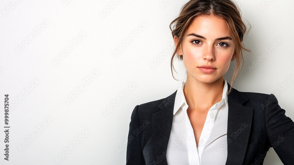 Poster A female professional in business attire standing with hands on hips and a strong stance reflecting assertiveness isolated on a white background Large space for text in center Stock Photo with copy