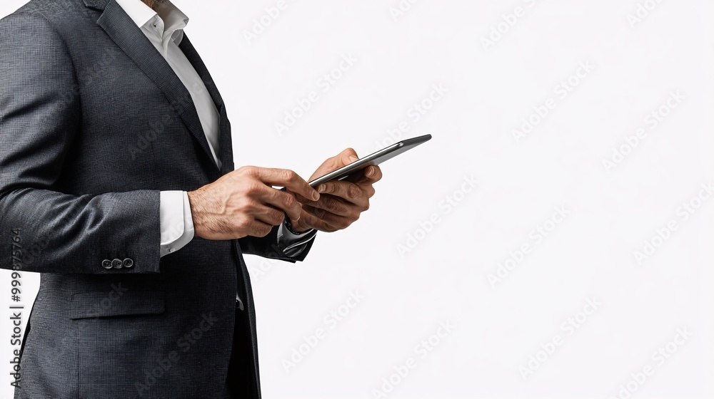 Poster A business professional holding a tablet in one hand and typing with the other reflecting productivity and technology use in modern business isolated on a white background Large space for text in