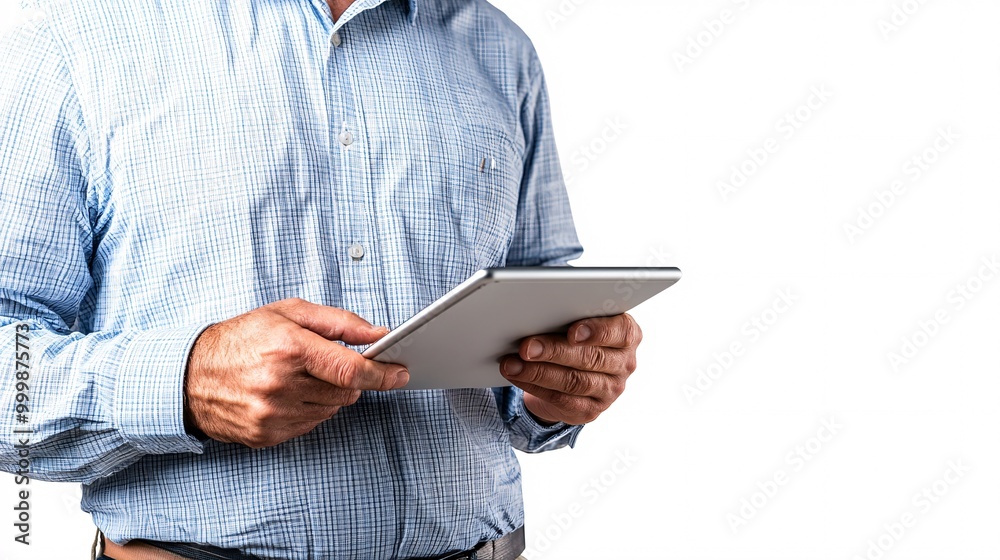 Poster A business professional holding a tablet in one hand and typing with the other reflecting productivity and technology use in modern business isolated on a white background Large space for text in