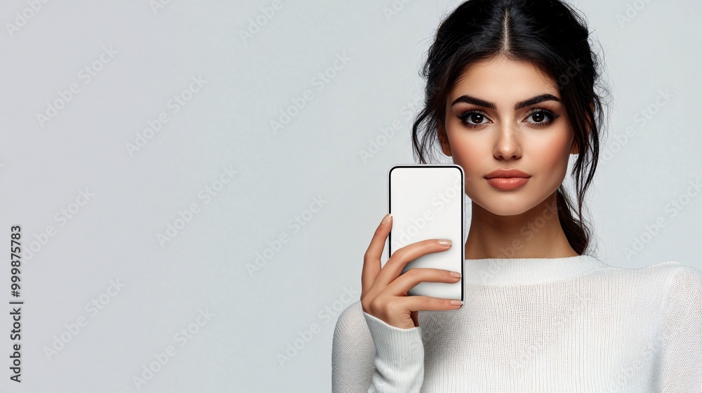 Poster a businesswoman holding a smartphone with a focused look suggesting communication and digital engage