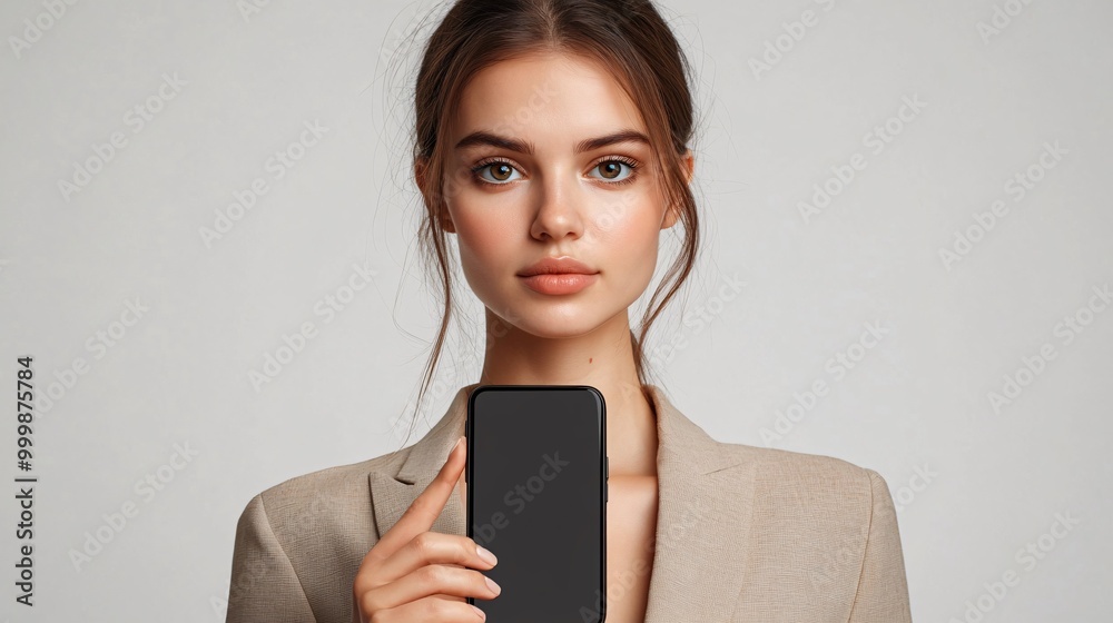 Poster a businesswoman holding a smartphone with a focused look suggesting communication and digital engage