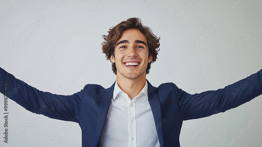 Aufkleber a businessman in a suit raising both arms in celebration with a joyful expression capturing the mome