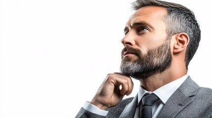 A businessperson with a thoughtful expression resting their hand on their chin as if analyzing a problem or idea isolated on a white background Large space for text in center Stock Photo with copy