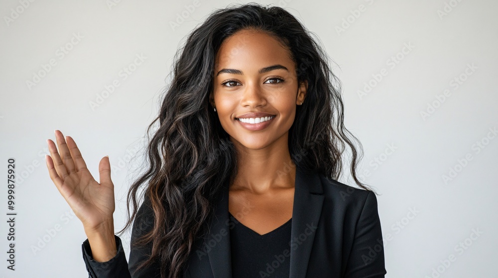 Poster a female business leader holding one hand out to the side in a welcoming gesture with a confident sm