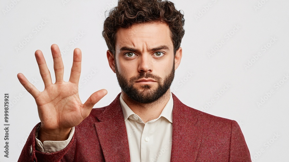 Leinwandbilder a businessman making a stop gesture with his palm facing forward and a serious expression indicating