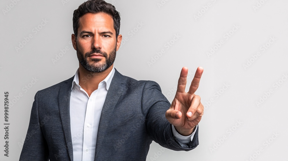 Poster A businessman making a stop gesture with his palm facing forward and a serious expression indicating caution isolated on a white background Large space for text in center Stock Photo with copy space