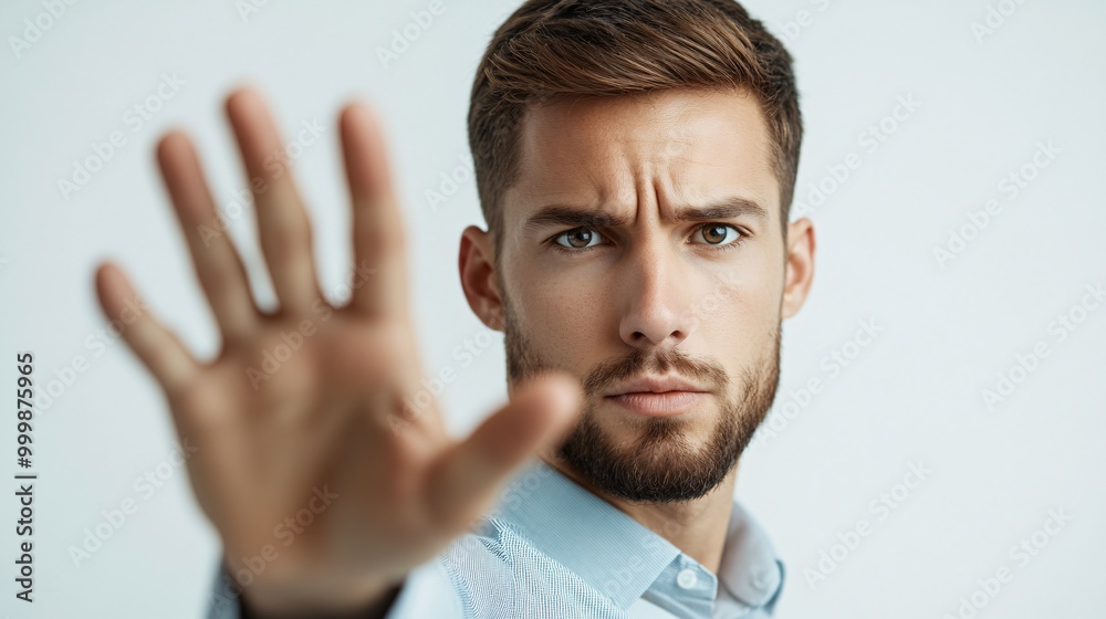 Poster A businessman making a stop gesture with his palm facing forward and a serious expression indicating caution isolated on a white background Large space for text in center Stock Photo with copy space