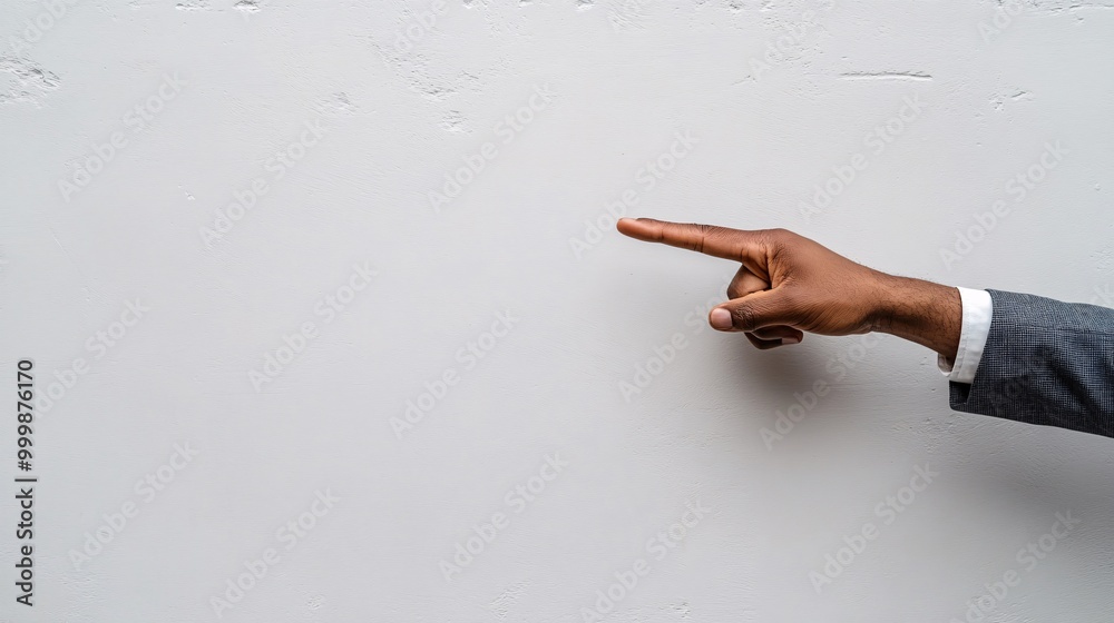 Poster A businessperson in a suit pointing to the right with focus and purpose as if directing attention to key content isolated on a white background Large space for text in center Stock Photo with copy