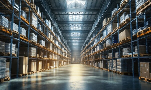 Industrial warehouse interior with stacked shelves and sunlight