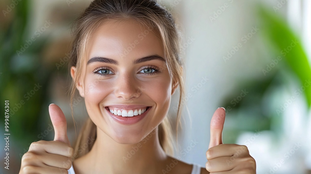 Poster a smiling female professional giving a thumbs up with enthusiasm representing positive outcomes and 