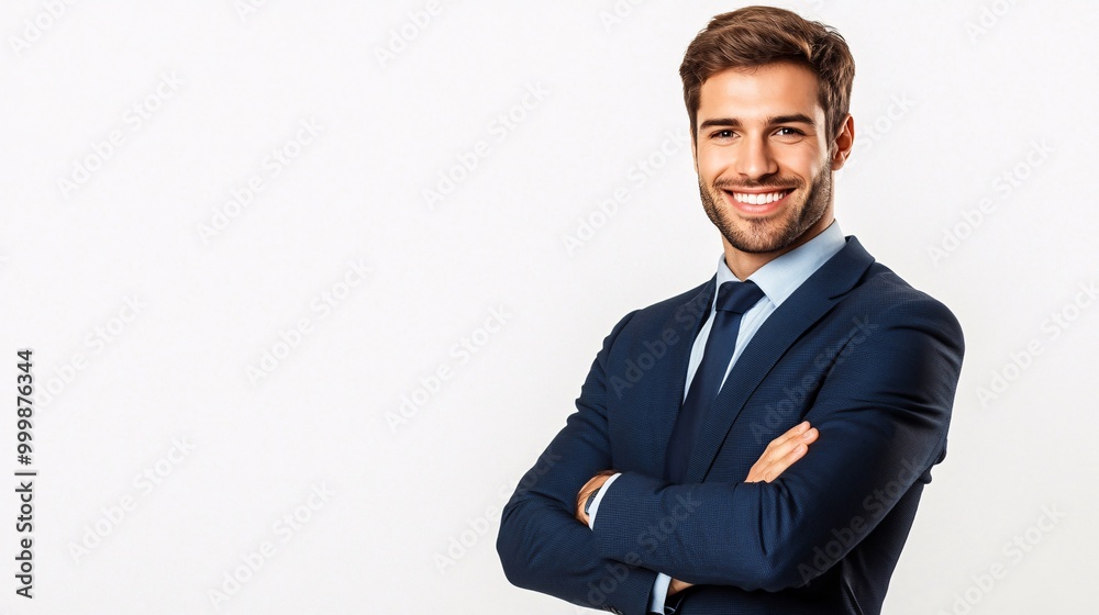 Poster a confident businessman with arms crossed and a slight smile representing professionalism and credib